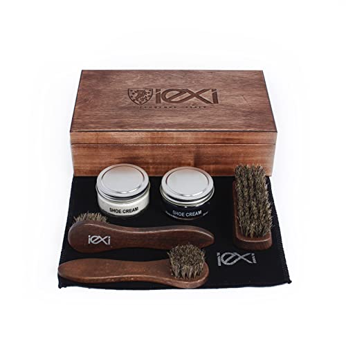 IEXI Ethic Kit - Boîte en bois pour la maison ou cadeau pour le soin et l'entretien des chaussures et/ou accessoires en cuir- 6 pièces dont des crèmes Brosses et chiffons Fabriqué en Italie Cover