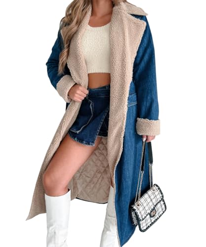 TACSTRUN Women's Winter Notched Lapel Denim Trench Coat