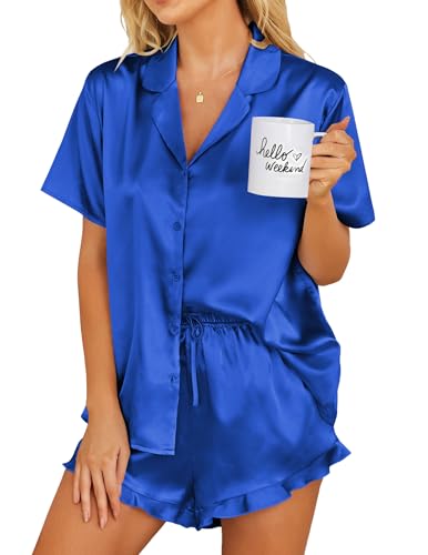 Image of Ekouaer Womens Satin Pajamas Set Button Down 2 Piece Silk Pjs Shorts Set Ruffle Lingerie Notch Collar Sleepwear