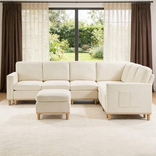 KEIKI 110" Modular Sectional Sofa for Living Room, Convertible 6 Seat Cloud Couch with Soft Fabric Padding, Reconfigurable Furniture for Open Concept Space, Bright Modern Home, White