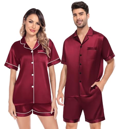 Image of SWOMOG Satin Matching Pajamas Sets Couple Silk Button Down Nightwear Women & Men Short Sleeve Sleepwear 2 Pieces Loungewear