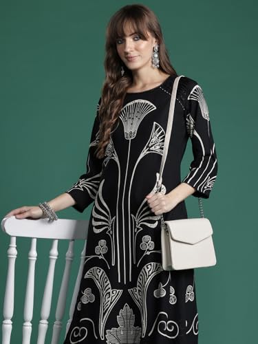 Image of INDO ERA Women's Straight Viscose Rayon Ethnic Motifs Printed Kurta & Palazzo Set (IESTR10489)