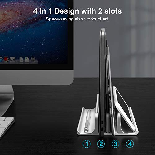 VAYDEER Vertikaler Laptop Ständer, Verstellbarer Laptop Ständer Vertikal, Aluminium 4 in 1 Laptopständer mit 2 Steckplatz Platzsparend für MacBook, Notebook, iPad, Laptops bis zu 17,3 Zoll - Silber – Bild 3