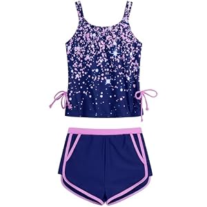 HOZIY Girls Swimsuit Two Piece Tankini Girls Bathing Suit with Boyshort Adjustable Strap Drawstring Kids Swimwear for 5-14Y