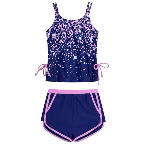 HOZIY Girls Swimsuit Two Piece Tankini Girls Bathing Suit with Boyshort Adjustable Strap Drawstring Kids Swimwear for 5-14Y Purple Gradient Sequins 9-10 Years