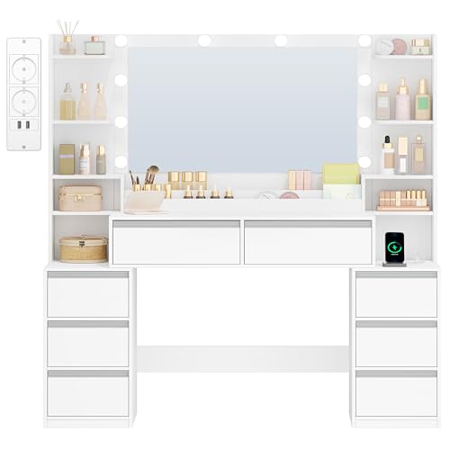 HEXCELEN 135cm Coiffeuse avec Miroir, Table de Maquillage avec 3 Lumières LED à Luminosité Réglable, Prises de Courant, Support pour Sèche-Cheveux, 8...
