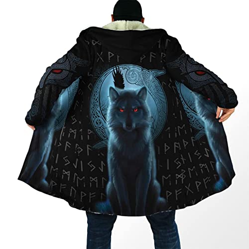 Veste à Capuche Homme d'hiver Cape Viking Noeud Celtique Symbole Corbeau Loup décontractée à Manches Longues imprimée 3D Coupe Vent Moyen Long Manteau Polaire Sherpa épaissir Garder au Chaud Manteau Cover