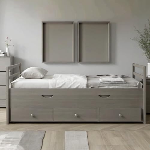PVWIIK Twin Size Bed with Trundle & 3 Storage Drawers for Teens,Adults,Home Furniture Wood w/Headboard,Space Saving Design, Grey