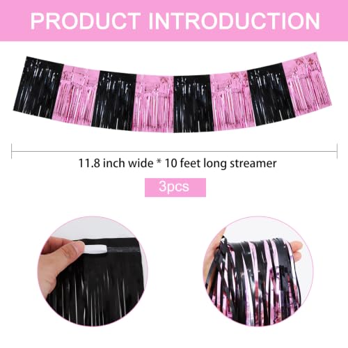 Image of BEISHIDA 3 Pack Black Pink Foil Fringe Garland 30ft Wall Tinsel Banner