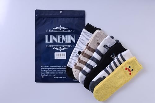 LINEMIN Kids Fuzzy Socks Boys Girls with Grips Non Slip Slipper Socks Cozy Fluffy Winter Warm Crew Socks 6 Pairs (Cute Animal 01,8-12 Years)3