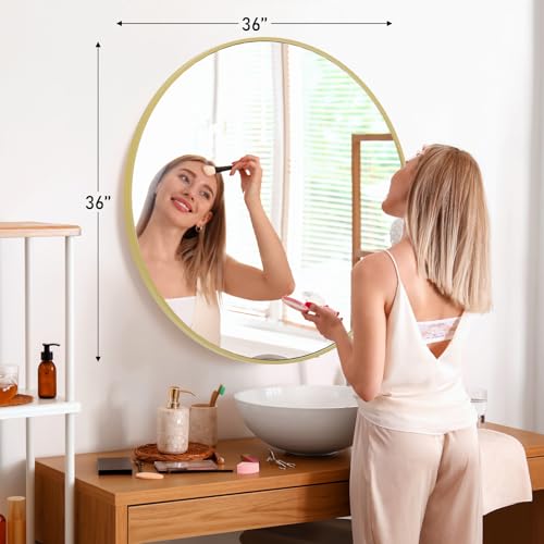 Image of Sweetcrispy 36in Gold Round Bathroom Mirrors for Wall, Bathroom Mirrors for Over Sink, Wall Decor for Bathroom, Entryway, Bedroom, Vanity