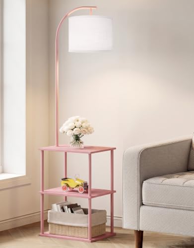 Image of PARTPHONER Floor Lamp with Table, Night Stand with Lamp, Narrow Side Table with 3CCT LED Bulb, Small Coffee Table, Modern End Table with Storage Shelves for Living Room Bedroom Home Decor Pink
