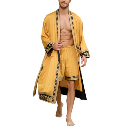 Men's Satin Robe with Shorts Set Silky Kimono Bathrobe Lightweight Soft 2 Piece Open Front Long Cardigan Sleepwear