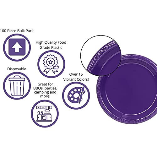 Exquisite 7 Inch. Purple Plastic Dessert/Salad Plates - Solid Color Disposable Plates - 100 Count #TOP6