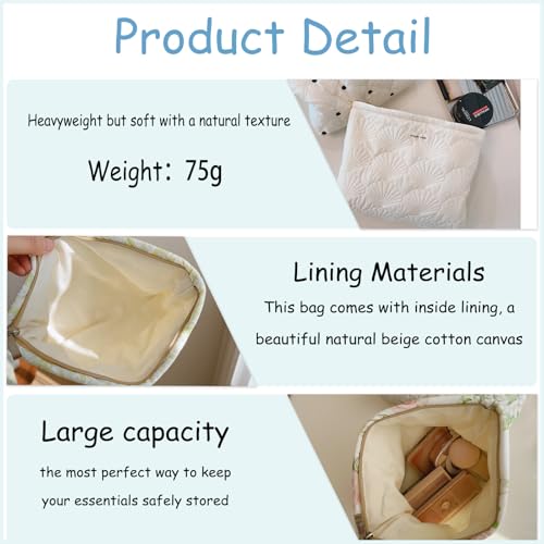 uekeboag White Quilted Cotton Makeup Pouch,Coquette Quilted Toiletry Bag for Women and Girls, Floral Coquette Organizer Bag, Aesthetic Travel Cosmetic Bags(03White Shells)3