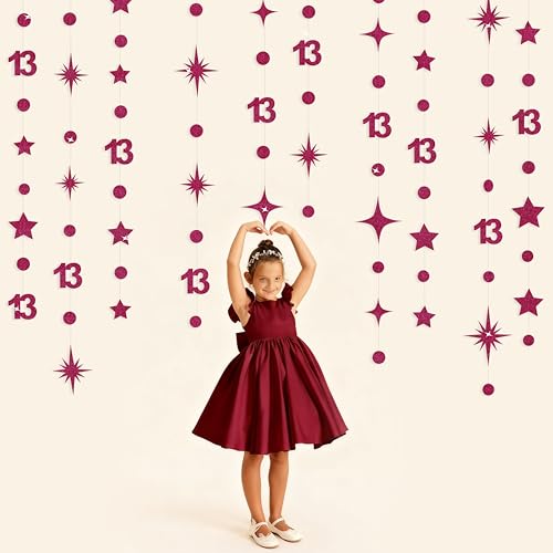 Image of Burgundy 13th Birthday Decorations Number 13 Circle Dot Star Garland Glitter Streamer Banner Backdrop for Girls Boys Official Teenager Cheers to 13 Years Old Birthday 13th Anniversary Party Supplies