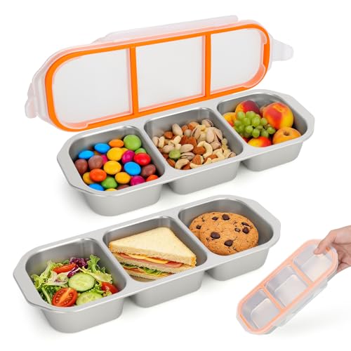 FORETOGO Snackbox mit Fächern, 2 Stück Edelstahl Brotdose Kinder mit 3 Fächern, Wiederverwendbar Lunchbox mit Deckel, Meal Prep Boxen für Früchte und Snacks Sowie Gewürze（600 ml, Orange）