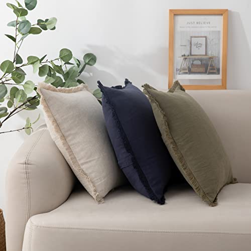 Linen Fringed Throw Pillow Cover - Soft Cozy Boho Cushion Covers With Tassel For Couch Sofa Farmhouse Natural Decor Burlap Pillowcase, Beige 18X18 Inches #TOP2