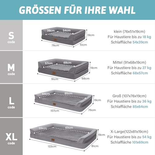 Orthopädisches Hundebett für große Hunde, waschbares Hundesofa, groß, stützendes Schaumstoff-Haustier-Couch-Bett mit abnehmbarem, waschbarem Bezug, wasserdichtem Futter und rutschfester Unterseite