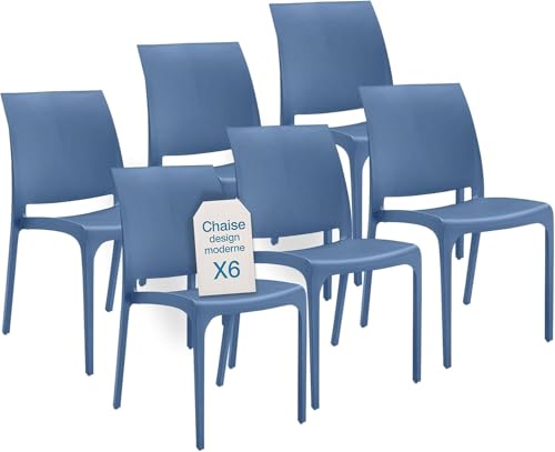 Tomaino - Chaise de cuisine en plastique - Ensemble de 6 chaises empilables avec accoudoirs pour intérieur et extérieur - Bleu