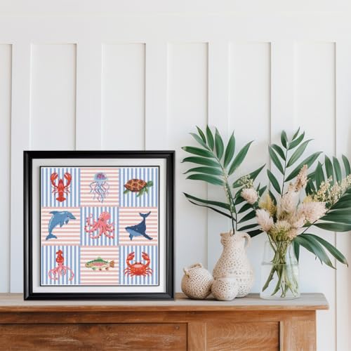 Image of FREEBLOSS 11CT Cross Stitch Kits Striped Sea Animal Stamped Embroidery Kits with Instruction Cross Stitch Wall Hanging Kit for Needlepoint Adults Wall Art Decoration 18 * 18in /45 * 45cm