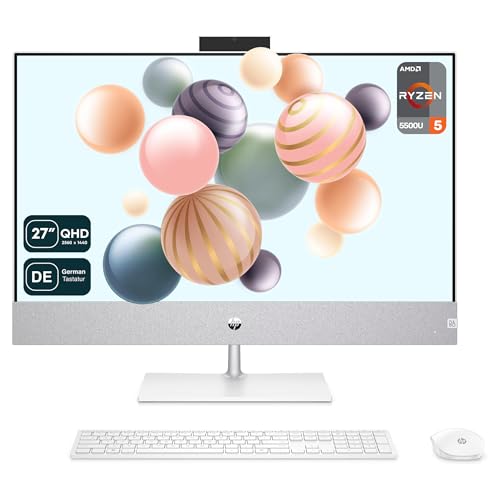 HP Pavilion All-in-One Desktop PC, AMD Ryzen 5 5500U, 64 GB DDR4 RAM, 1 TB PCle SSD, 27' QHD IPS Display, AMD Radeon Grafik Integriert, QWERTZ Tastatur + Maus, Windows 11 Home, White