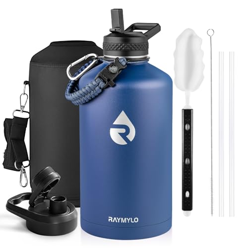 Image of RAYMYLO One Gallon Water Bottle Insulated, Triple Walled Vacuum Stainless Steel (Cold for 48 Hrs), Leak Proof & Non-BPA, Large Water Flask Jug with Paracord Handle & Straw Spout Lids