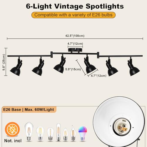 Image of HiBay 6-Light Track Lighting, Adjustable Ceiling Light Fixture Black | Industrial Track Spot Light Indoor for Kitchen, Dining Room, Living Room, E26 Base (Bulb Not Included)