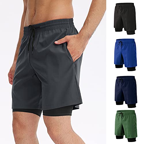 Chusui Calções desportivos 2 em 1 masculinos com bolso elástico respirável basquetebol e corrida des