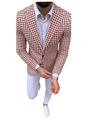 Men's Houndstooth Blazer Two-Button Suit Jacket Peak Lapel Prom Groom Party Coat