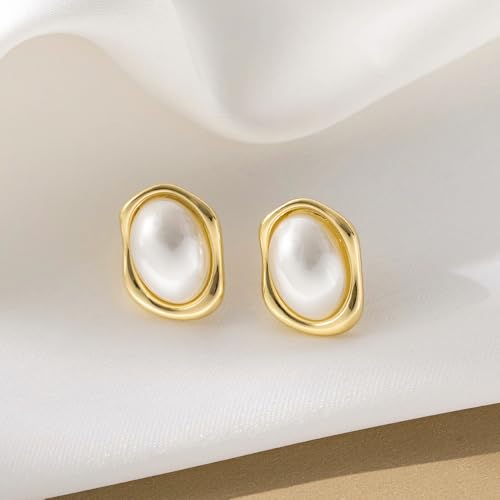 Gold/Silver Pearl Stud Earrings for Women Trendy, Geometric Hypoallergenic Statement Earrings Chunky Big Pearl Vintage Jewelry Gift for Women2