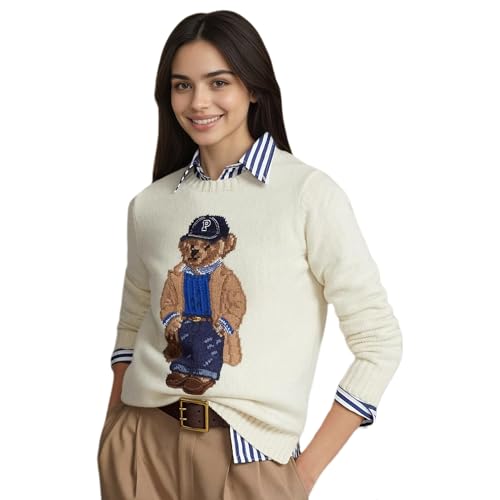 zvyubn Cute Sweater Womens Fall Long Sleeve Crew Neck Pull On Teddy Bear Fitted Sweaters Holiday Casual Winter Warm Tunic Outfits L White