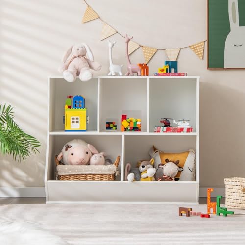Image of HONEY JOY Toy Storage Organizer with Bookcase, 5-Cubby Children Bookshelf Toy Storage Cabinet, Open Kids Toy Shelf Book Display Organizer for Playroom, Bedroom, Nursery, School (White)