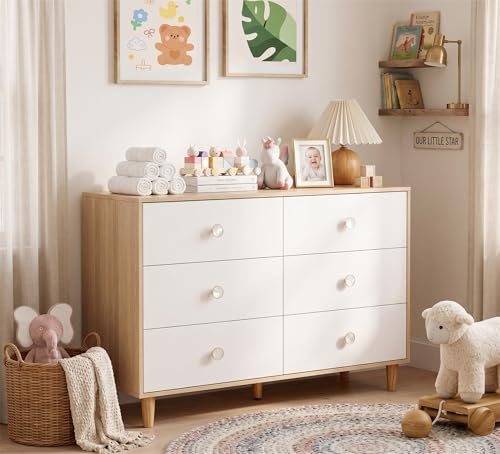 BERRY NEST White Dresser for Bedroom, 6 Drawer Dressers with Solid Wood Legs, Baby Dresser for Kids,...