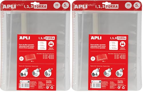 APLI 16913 - Forro de libros con solapa ajustable de polipropileno. Medida 29 x 53 cm, 75 µ. Pack de 5 u. (Paquete de 2)