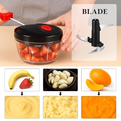 Image of Manual Food Chopper with Pull Cord, 3 Stainless Steel Blades - 450ml Vegetable, Fruit & Onion Cutter (Black & Red)
