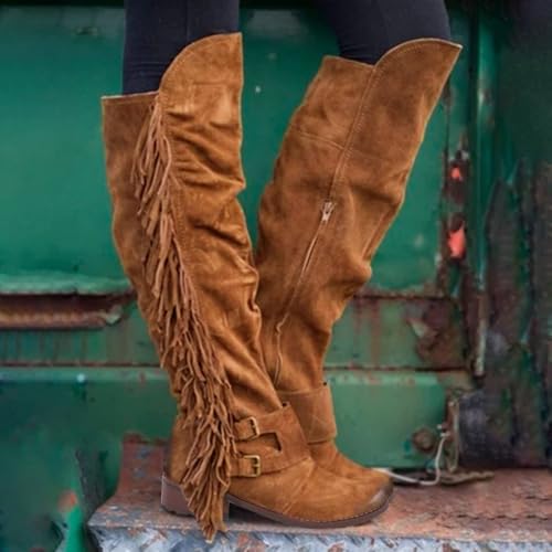 ZBYY Women's Knee High Boots Casual Over The Knee Retro Fringe Moccasin Flat Heel Zipper Long Boots Square Heels Shoes4