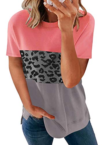 Shewin Women's Color Block Leopard Print T-Shirts Summer Short Sleeve Crewneck Loose Tee Tops T Shirt For Womens,Us 12-14(L),Red,Panther,Grey #TOP7