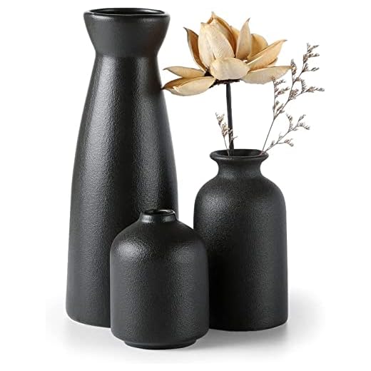 CEMABT Black Ceramic vase Set-3 Small Flower vases for Decor,Modern Boho Farmhouse Home Decor,Decorative vase for Pampas Grass&Dried Flowers,idea Shelf,Table,Bookshelf ，Entryway- Distressed