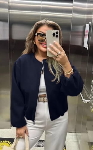 Womens Bomber Jackets Fall Winter Cropped Zip Up Coat Hoodless Outwear with Welt Pockets2