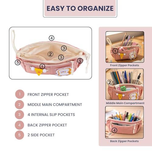 Image of Canvas School Bag Pencil Case, 3 Layer 6 Compartment Large Capacity, Aesthetic Pencil Pouch for Stationary, Cute Stationery for Kids, Pencil Case for Girls & Boys (Peach)