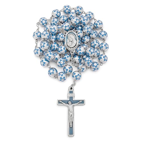 Chapelet catholique Sacré-Cœur de Jésus béni Pape perles argentées fleurs roses