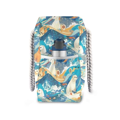 White Seal Japanese Style Waves Portable Pocket Tote Bag with side pocketes Outdoor Tote Bag with cup holders on the side3