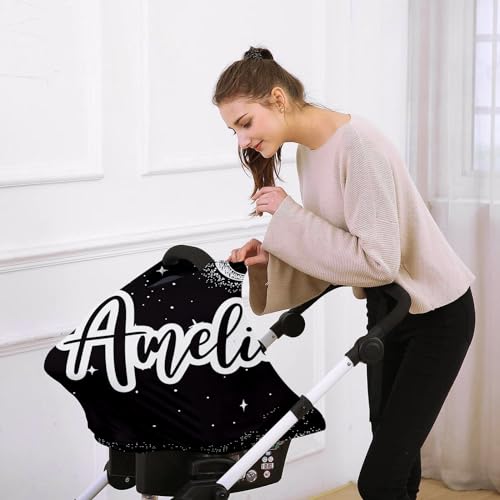 Image of Custom Name Car Seat Canopy - Baby Car Seat Covers, Infant Stroller Cover, Black Moon Carseat Canopy Christmas Birthday Gifts for Girls and Boys