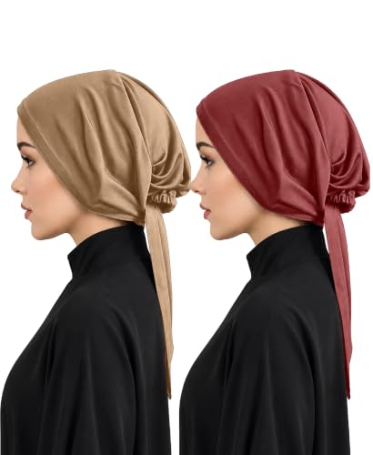 Image of Mehar Women's Hair Ponytail Cap Set of 2 | Soft Stretchable Polyester Hijab Inner Cap | Adjustable Tie-Back | Scarf & Helmet Inner | One Size Fits All