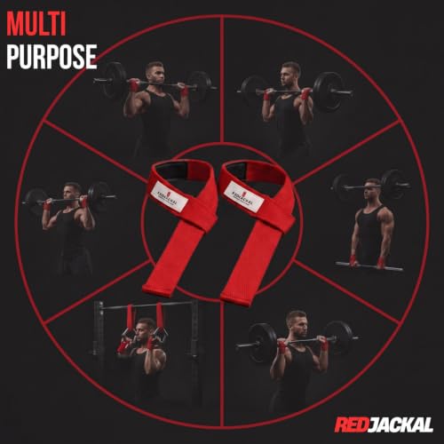 Image of REDJACKAL Single Loop Lifting Straps for Weightlifting - Heavy Duty Padded Cotton Deadlift Straps for Men & Women - Powerlifting, Bodybuilding & Gym Strength Training | 1 Pair Red & 1 Pair Black