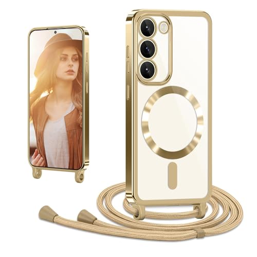 CaseLover Magnetische Handyband für Samsung Galaxy S22 Hülle mit Band Klare Silikon Necklace Handyhülle mit Kordel zum Umhängen Stossfest Kameraschutz Bumper Schutzhülle für Samsung S22 5G Gold