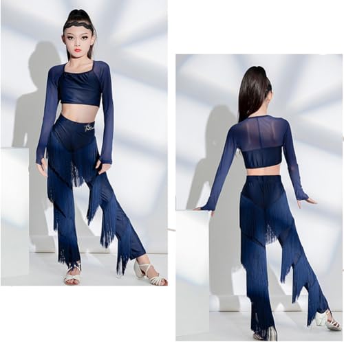 CRETUAO Roupas de dança latina de 2 peças para meninas top de manga comprida calças com franjas roup