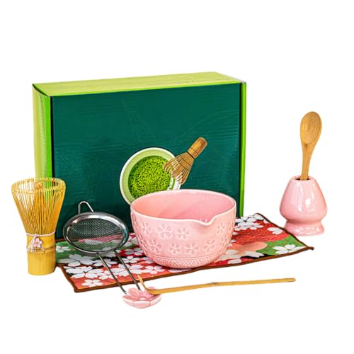 Vifxucy 茶道具 茶せん 茶筅 竹製 泡立て器 茶道 伝統的工芸品、セラミック抹茶セットには、 抹茶愛好家のための お手入れも簡単 敬老の日 父の日 母の日 クリスマス 新年 誕生日 ギフト プレゼント (ピンク,8点セット)