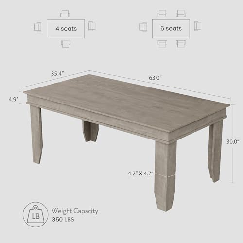 Image of GarveeHome Farmhouse Dining Table for 4-6 People, 63 in Long Kitchen Tables with Wooden Sturdy Frame, 5 ft Large Rectangular Dinner Table for Dining Room, Kitchen, Grey, 63 inch Non-extendable